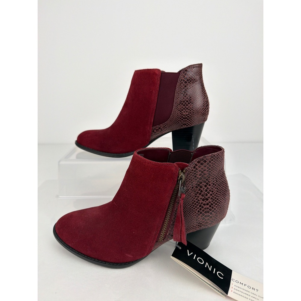 NWT Vionic Anne Ankle Boots 8 Burgundy Suede Snakeskin Leather Block Heel Chic